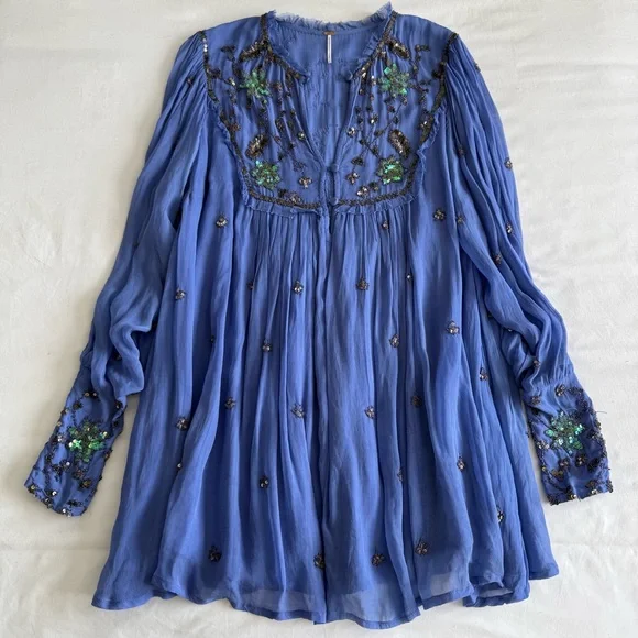 Free People Blue Bali Golden Sun Sequin Long Sleeve Dress - Picture 3 of 10